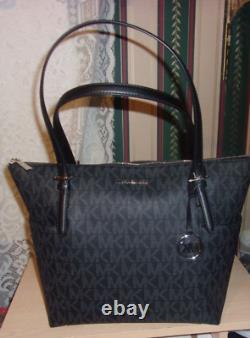 $298 Michael Kors Jet Set BLACK Leather EW MD TZ Tote Bag MK Handbag NEW