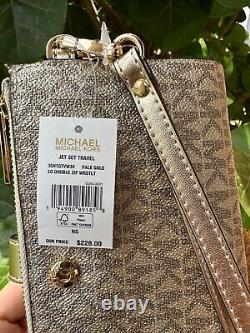 Michael Kors Jet Set Medium Front Pocket Chain Tote Light Cream + Wallet Mk Gold