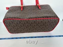 Michael Kors jet set medium carryall top zip tote brown MK red NWT Purse Handbag