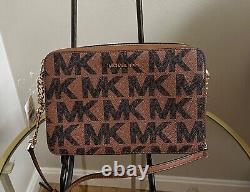 NWT MICHAEL KORS Brown Jet Set Leather Pebbled Luggage Medium Logo Crossbody Bag